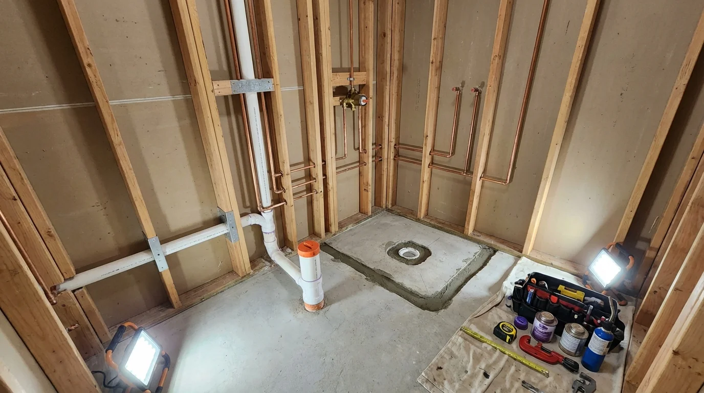 Bathroom rough-in plumbing during remodel by Johns Plumbing LLC in Fort Worth