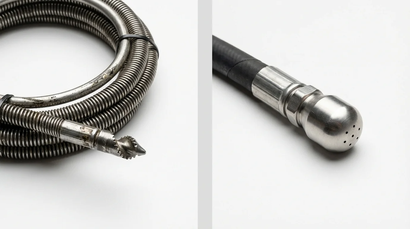 Drain snake cable and hydro jetting nozzle used for drain cleaning in Fort Worth, TX