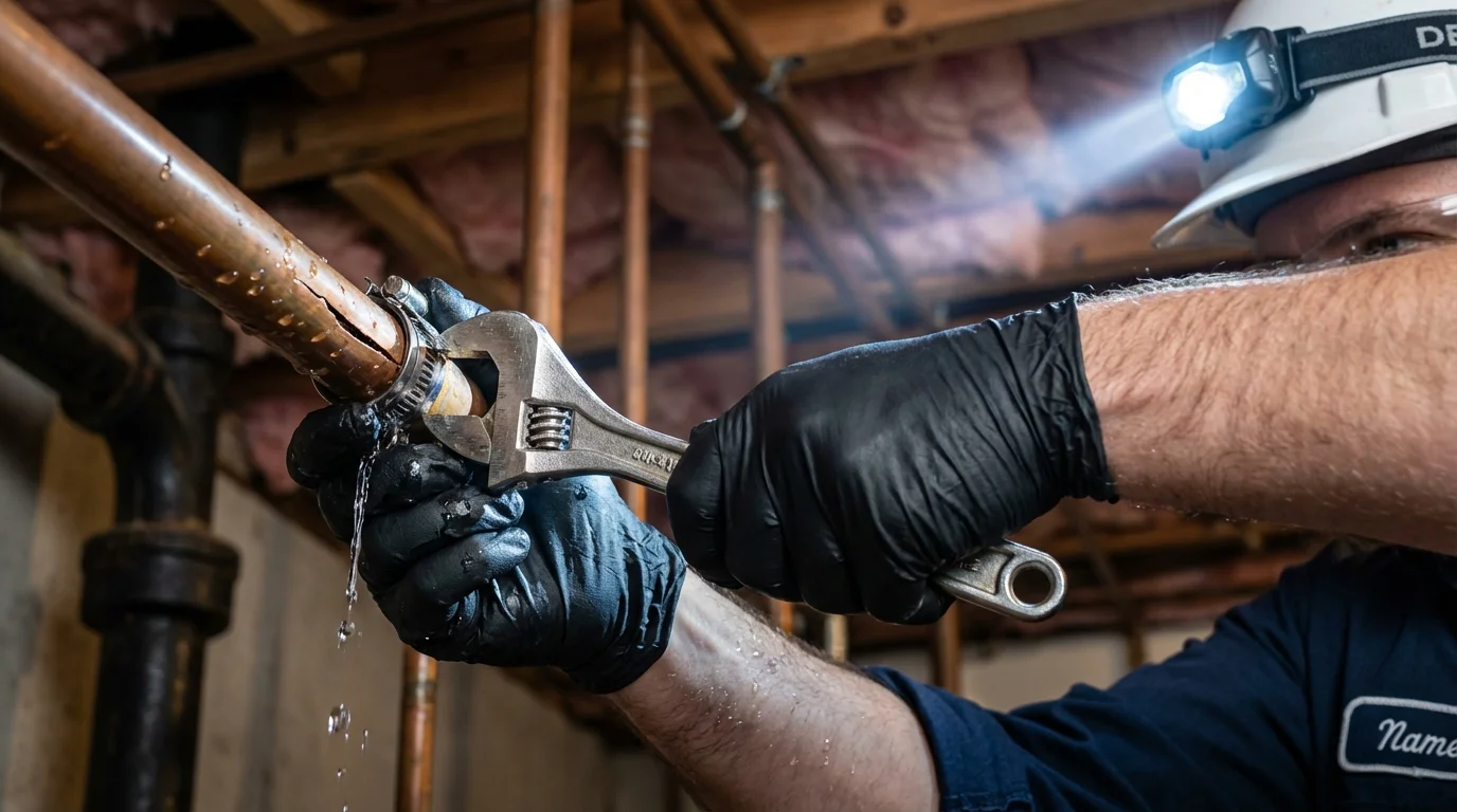 Emergency pipe clamp repair being performed by a Johns Plumbing LLC plumber in Fort Worth