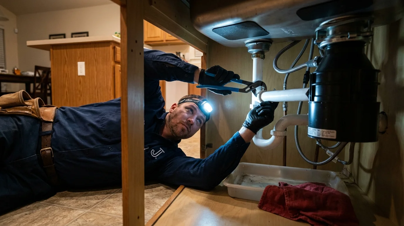 P-trap and supply line connections under a kitchen sink showing a common leak point in Fort Worth, TX